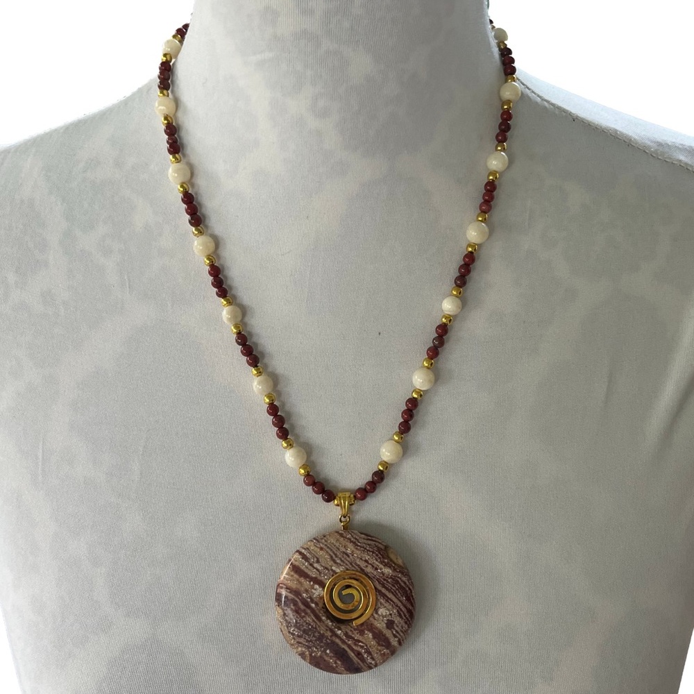 Handcrafted Beaded Necklace with Round Red Jasper Stone Pendant Necklace